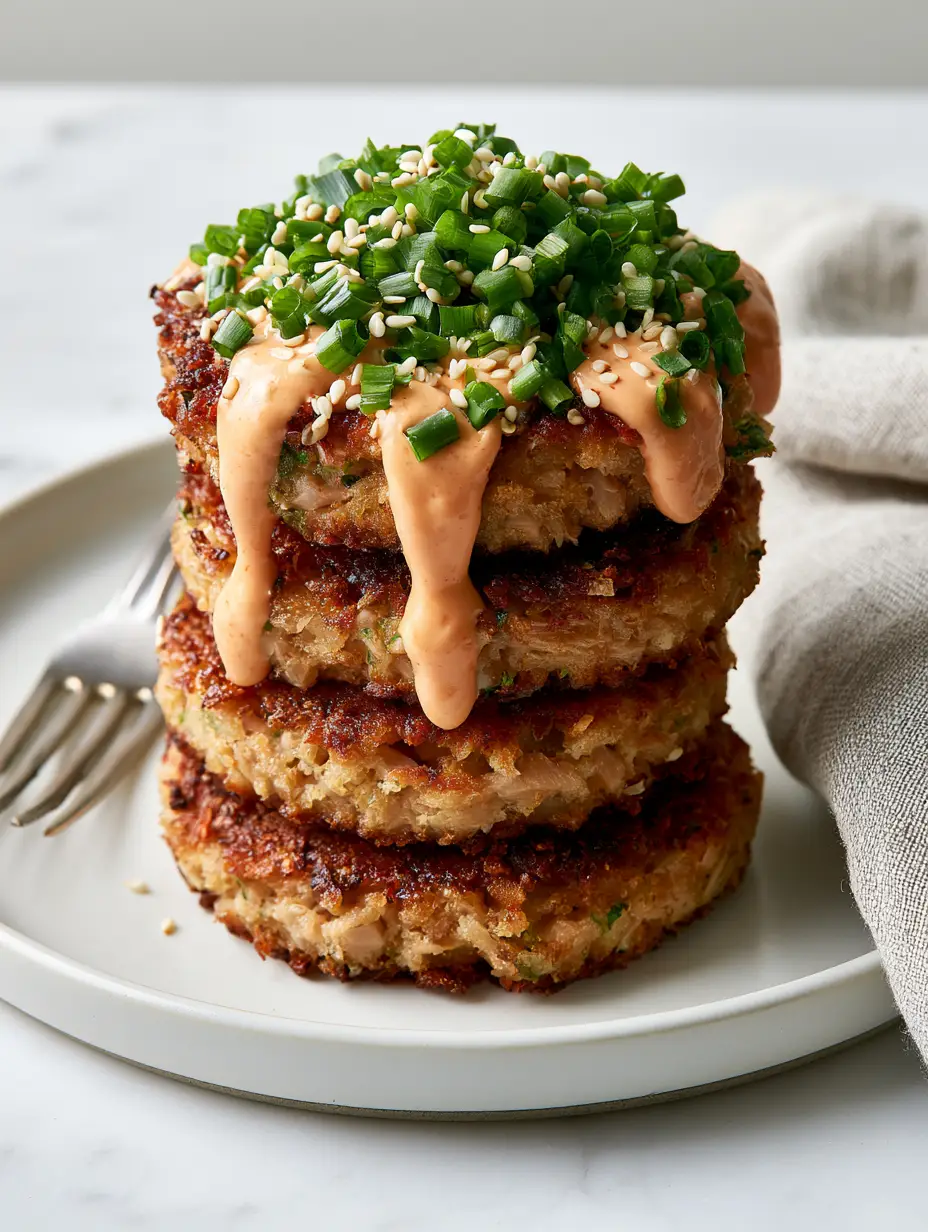 Crispy Asian Tuna Cakes with Sriracha Mayo Drizzle 3 Close up of Crispy Asian Tuna Cakes showing the golden panko texture and zig-zag sriracha mayo pattern.