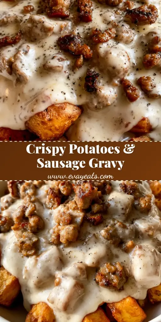 A handheld smartphone photo of Sausage Gravy Over Potatoes featuring crispy golden-brown potato cubes topped with thick creamy white gravy and breakfast sausage crumbles.