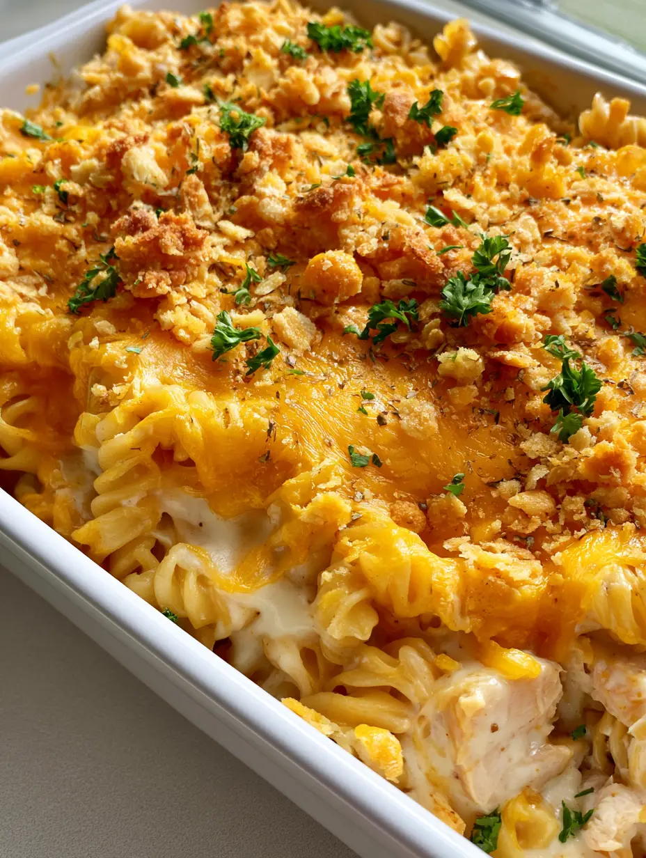 Close-up of Chicken Pasta Casserole showing the thick blanket of melted cheese and toasted buttery cracker crumbs.