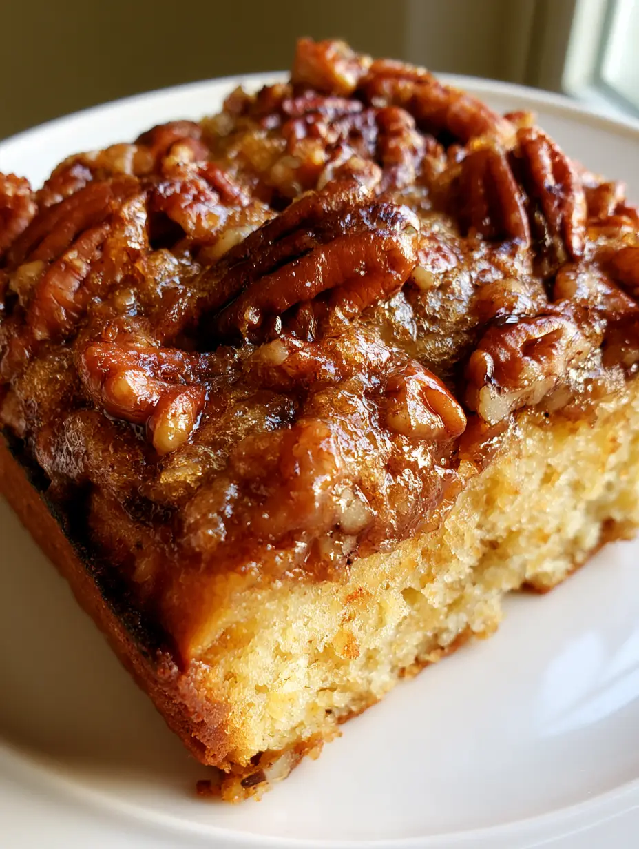 Handheld photo showing the moist golden-yellow cake foundation and thick pecan glaze of Alabama Pecan Bread.