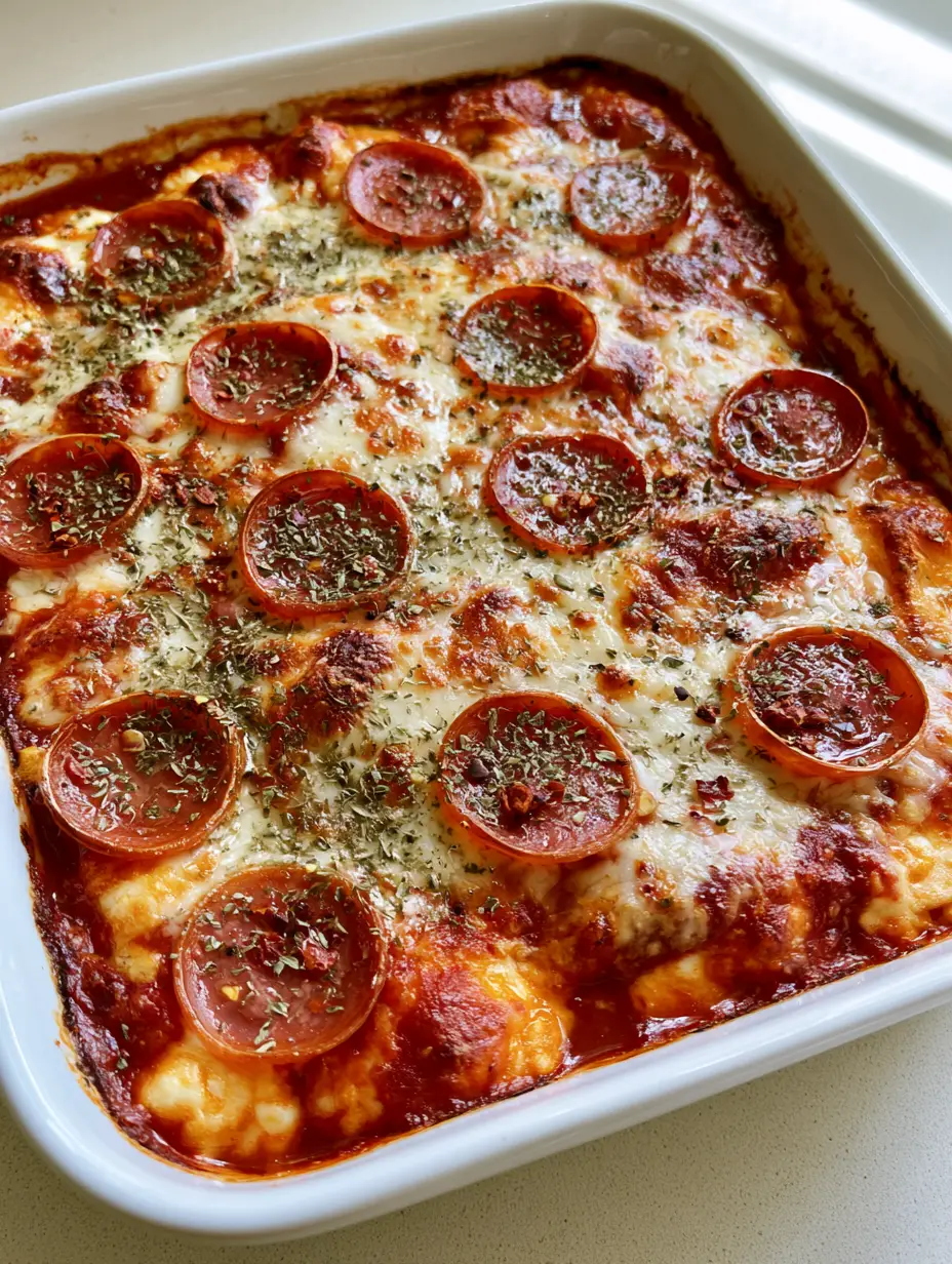 Close up of Cottage Cheese Pizza Bake showing warm cottage cheese curds blended with marinara sauce and melted cheese.