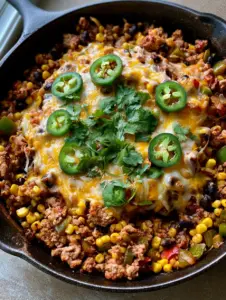 Overhead view of a seasoned cast iron skillet featuring Ground Turkey Taco Skillet with corn, black beans, and melted yellow and white cheese.
