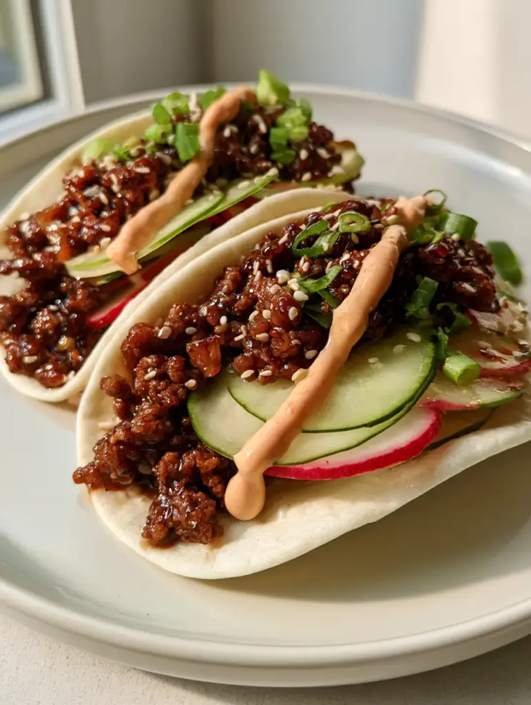 A handheld smartphone photo of Korean Ground Beef Tacos on a flat white ceramic plate.