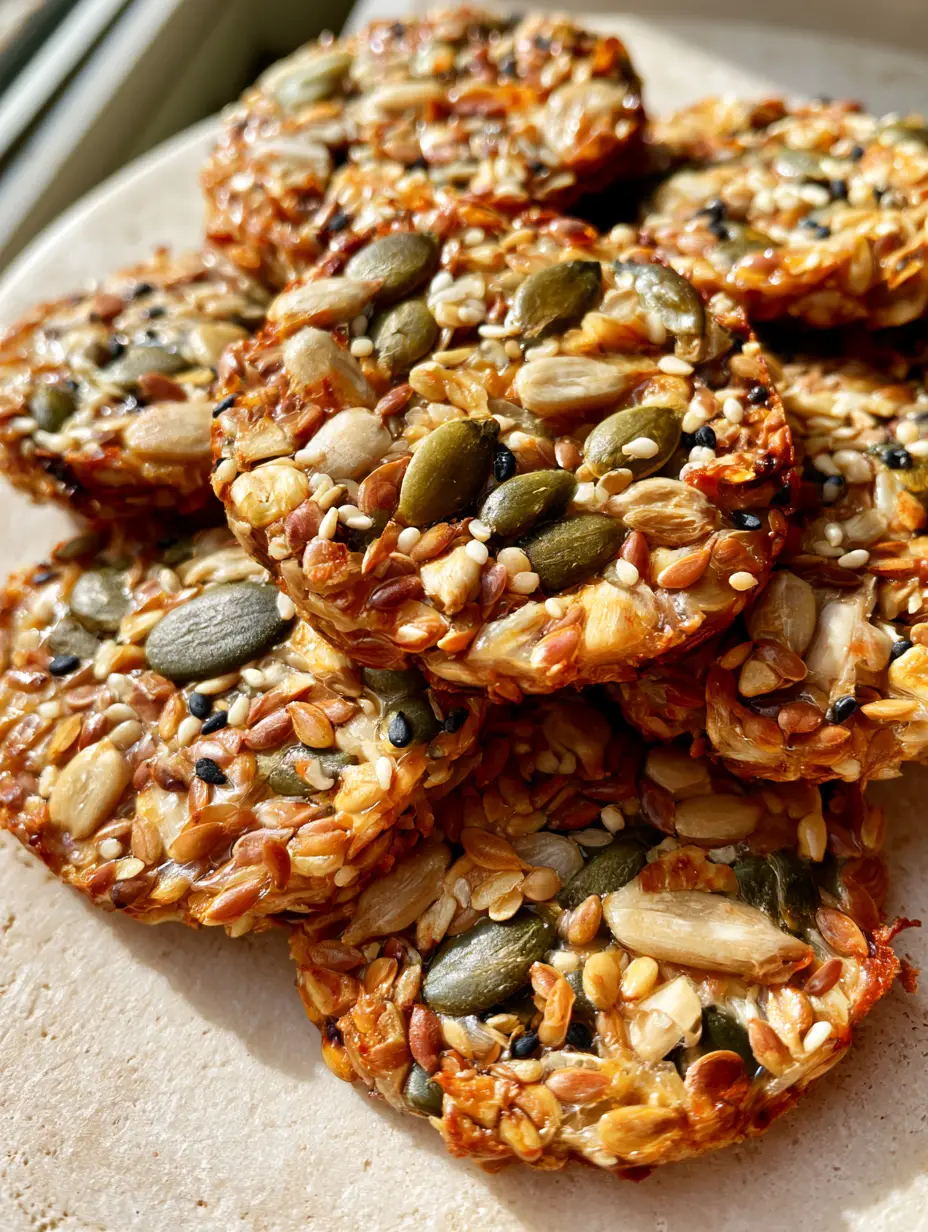 Close-up photo of Healthy Seed Energy Cookies showing the translucent honey binder and toasted seeds.