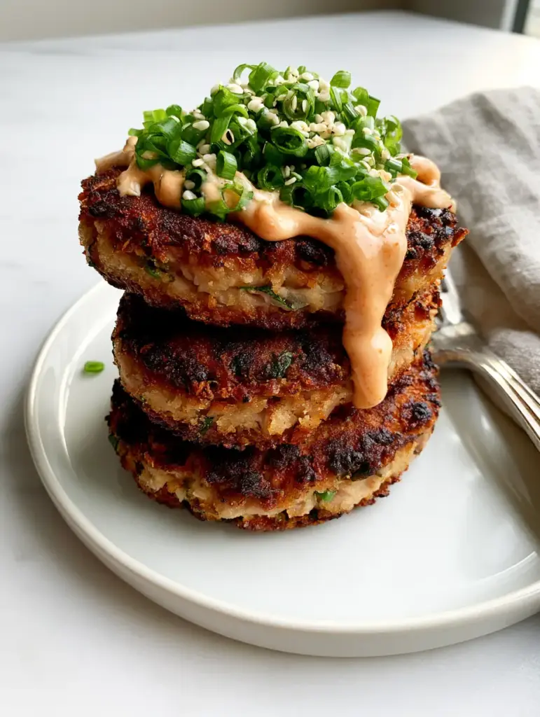 Crispy Asian Tuna Cakes with Sriracha Mayo Drizzle 1 Top view of Crispy Asian Tuna Cakes on a white marble countertop with a silver fork and grey linen napkin.
