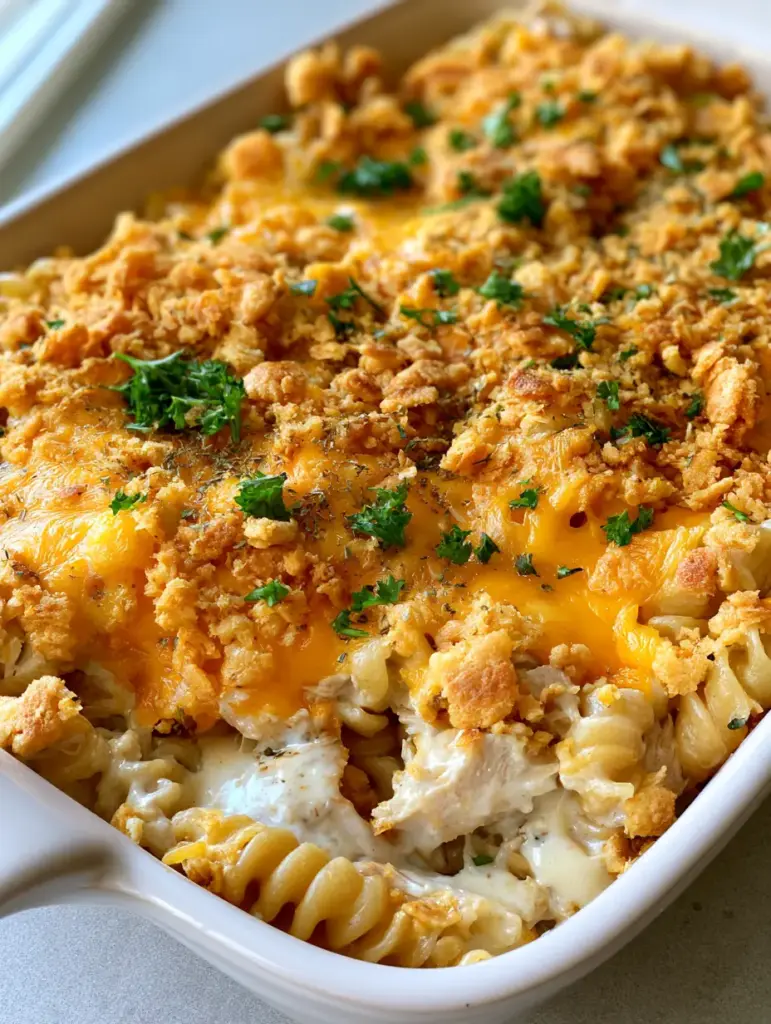 Handheld photo of a freshly baked Chicken Pasta Casserole in a rectangular ceramic dish.