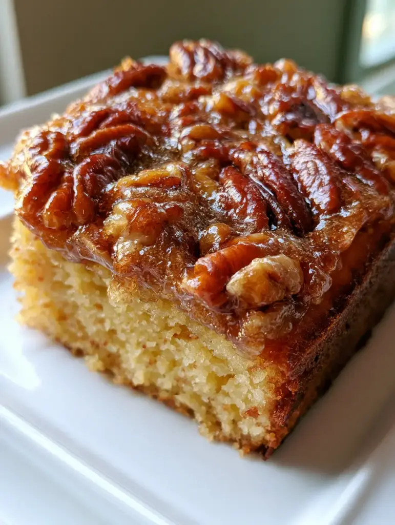 Top view of Alabama Pecan Bread highlighting the bubbly, glossy caramelized brown sugar glaze and toasted whole pecans.