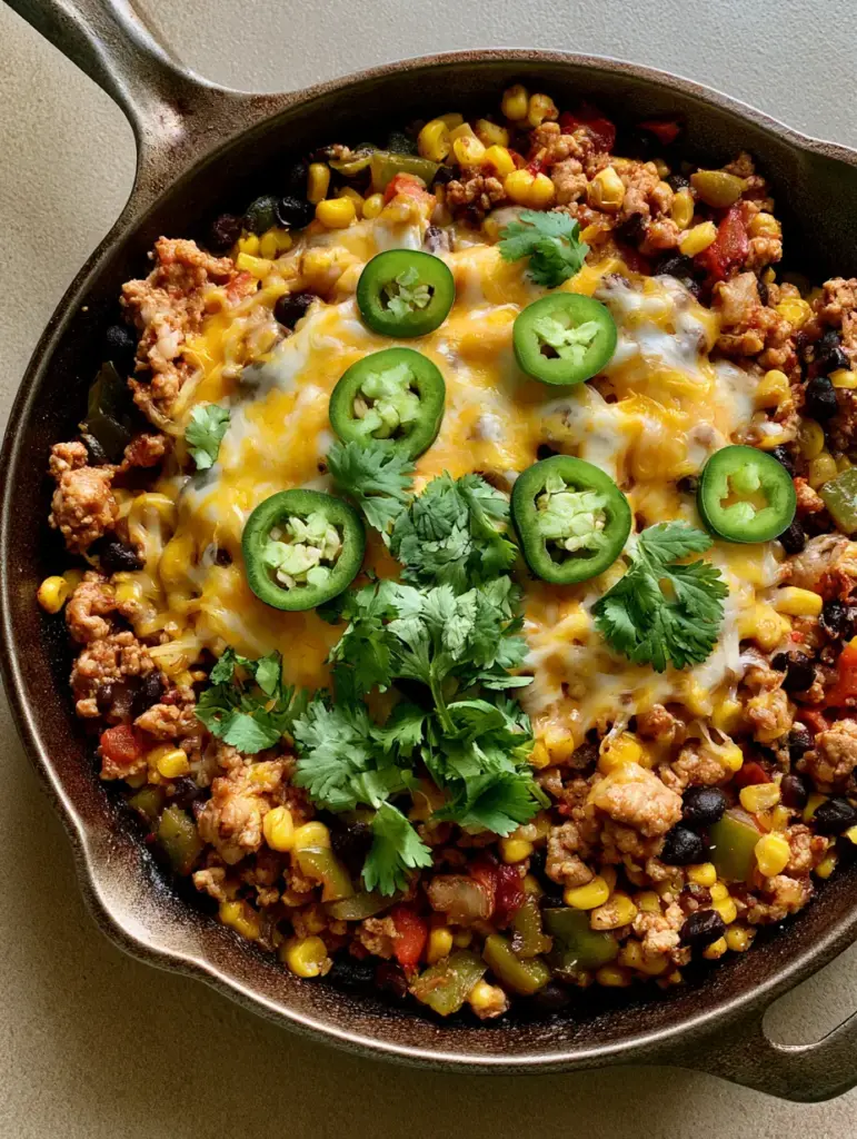 Ground Turkey Taco Skillet: The Ultimate 30-Minute One-Pan Cheesy Dinner 1 Close-up of melted cheddar and Monterey jack cheese bubbling over ground turkey, corn, and bell peppers in a Ground Turkey Taco Skillet.