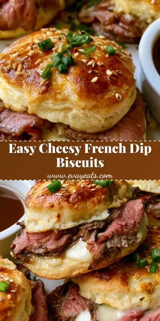 A close-up vertical shot of golden brown baked French Dip Biscuits stuffed with roast beef and melted provolone cheese, sprinkled with sesame seeds and scallions next to a ramekin of dark au jus.