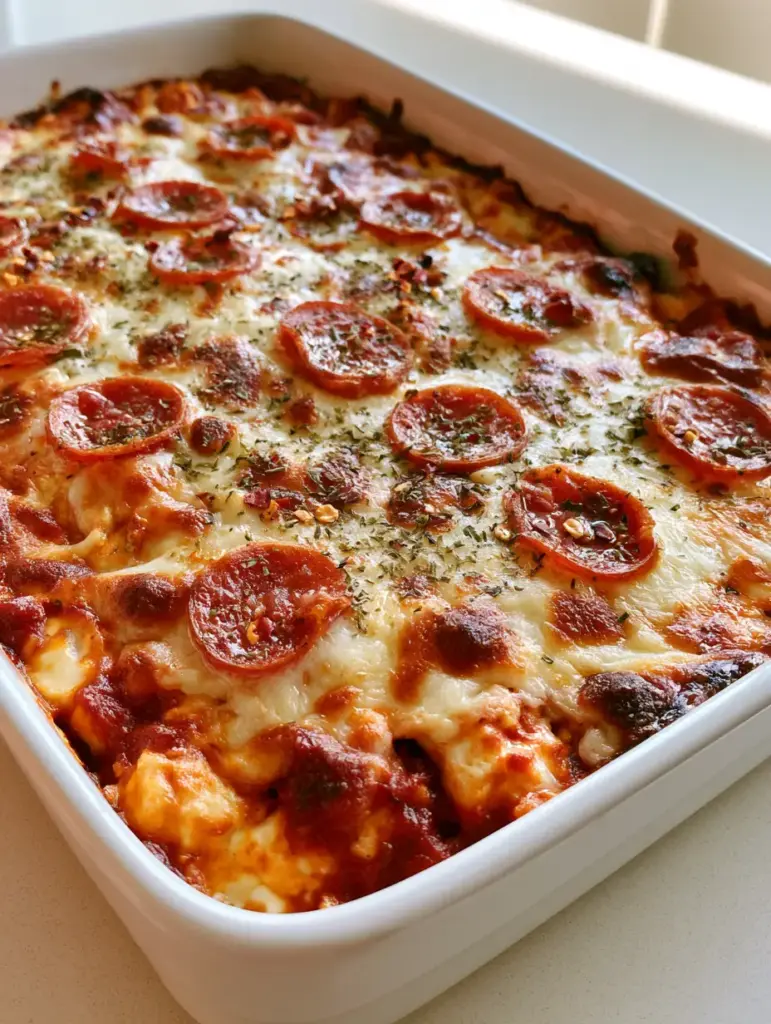 Top view of Cottage Cheese Pizza Bake with toasted golden brown cheese spots and curled pepperoni edges.