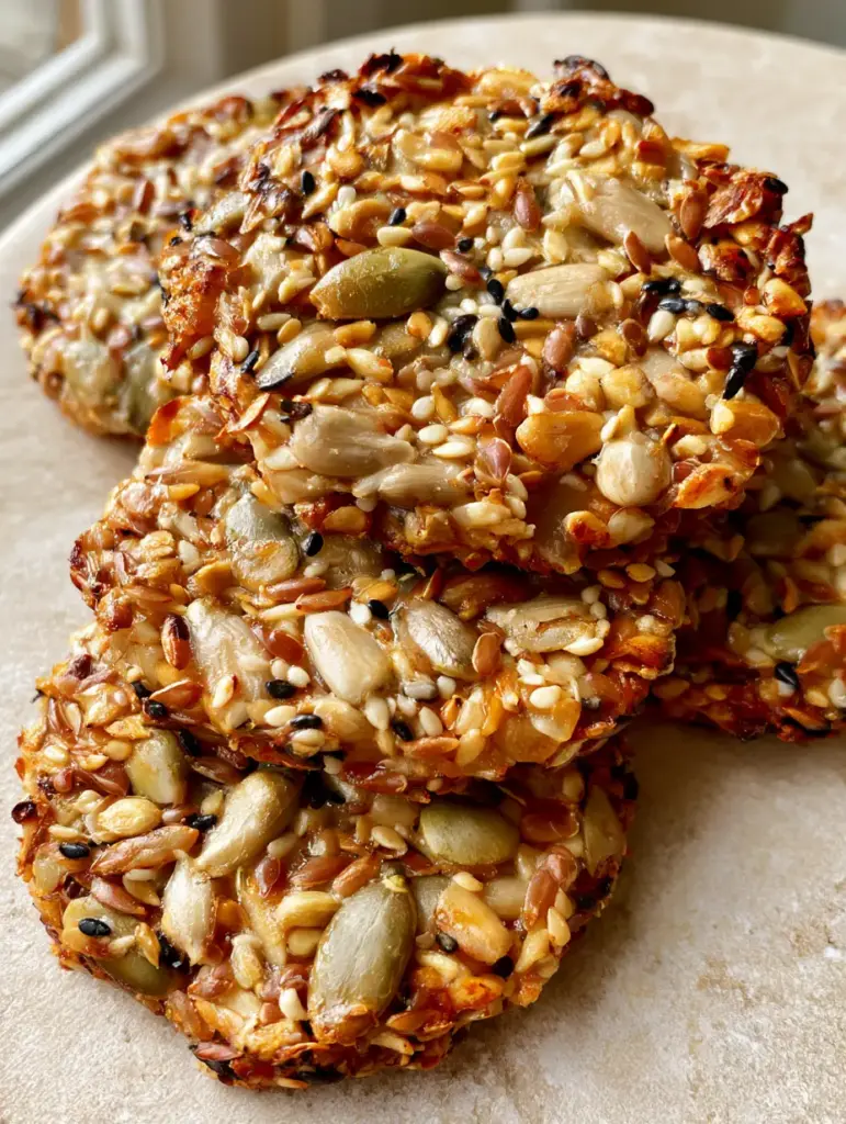 Handheld smartphone shot of round golden-brown Healthy Seed Energy Cookies stacked on stone.