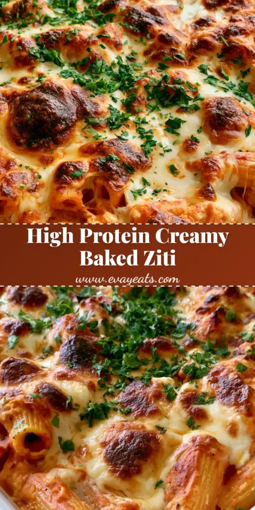 A smartphone photo of a white ceramic dish filled with High Protein Baked Ziti featuring melted mozzarella with golden charred bubbles and fresh parsley.
