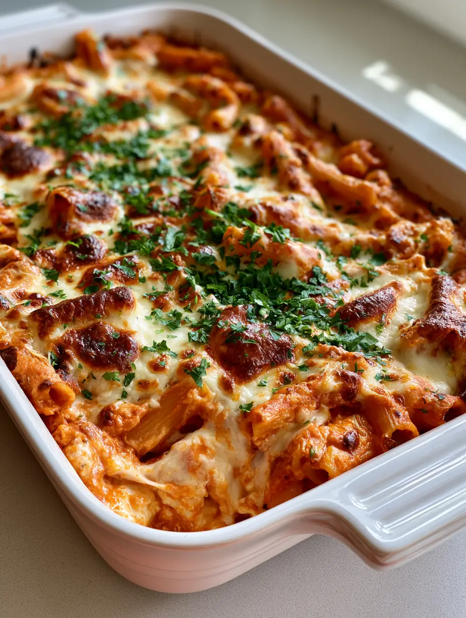 Close up of ziti pasta tubes coated in creamy marinara sauce and melted cheese. (High Protein Baked Ziti)