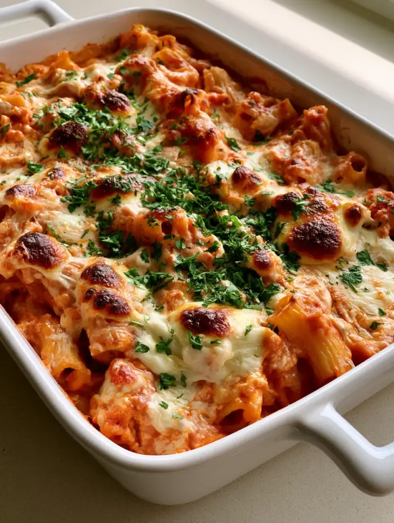A full white rectangular baking dish of High Protein Baked Ziti garnished with fresh green parsley.