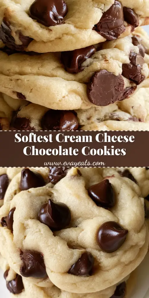 A tall stack of thick, soft-baked Cream Cheese Chocolate Chip Cookies on white parchment paper showing a cracked golden surface and melted chocolate.