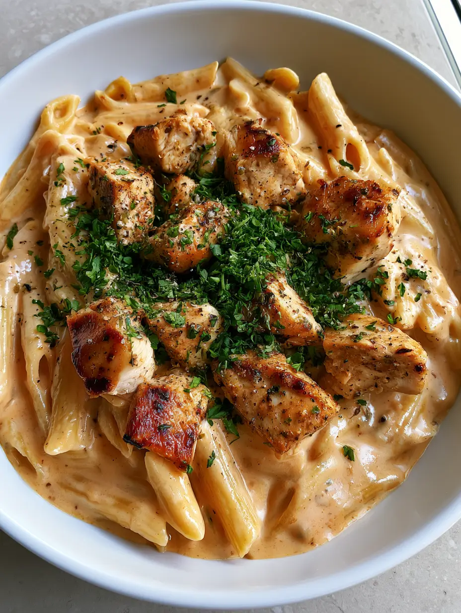 Top-down view of Creamy Chicken Penne Pasta in a white ceramic bowl featuring golden-brown seared chicken and a heavy parsley garnish.