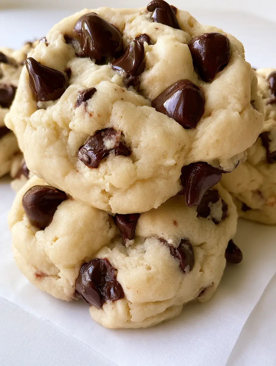 Close-up of Cream Cheese Chocolate Chip Cookies highlighting the pale, creamy golden-blonde dough and semi-sweet dark chocolate chips.