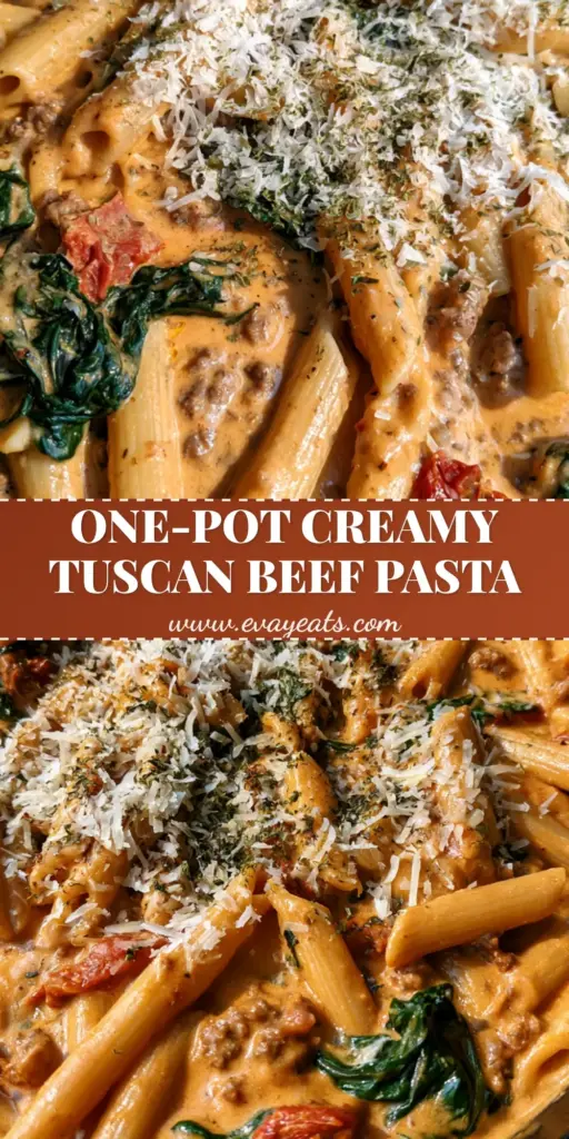 A close up photo of Tuscan Ground Beef Pasta in a cast iron skillet, featuring penne, wilted spinach, and sun-dried tomatoes in a creamy orange sauce.