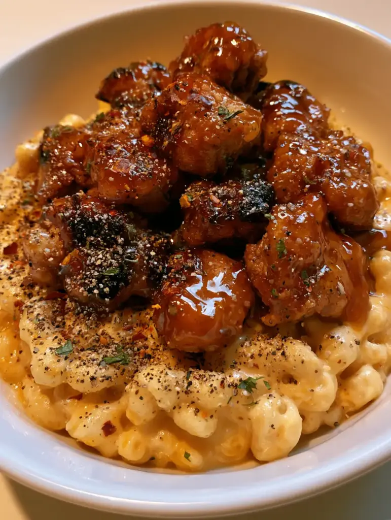Honey Pepper Chicken Mac and Cheese: The Ultimate Sweet and Spicy Comfort Food 2 Close up of Honey Pepper Chicken Mac and Cheese with glossy amber honey glaze and coarse black pepper.