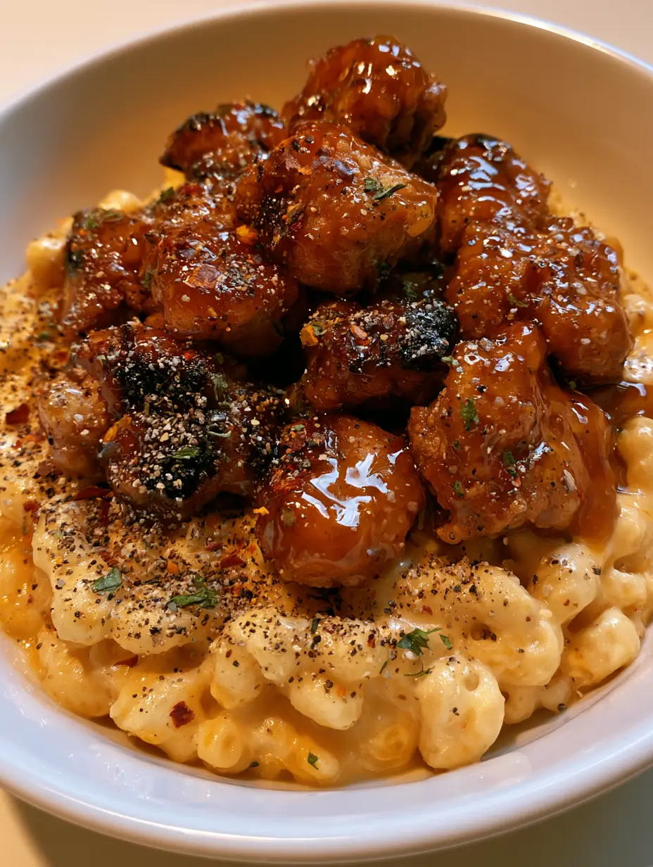 Honey Pepper Chicken Mac and Cheese: The Ultimate Sweet and Spicy Comfort Food 4 Close up of Honey Pepper Chicken Mac and Cheese with glossy amber honey glaze and coarse black pepper.