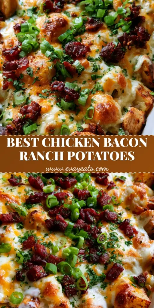 A bubbling Chicken Bacon Ranch Casserole in a white dish topped with melted cheese, crispy bacon, and green onions.