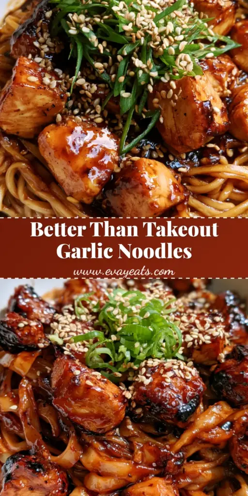A close-up shot of a white bowl filled with Sticky Garlic Chicken Noodles, featuring caramelized chicken cubes, a glossy mahogany sauce, green scallions, and sesame seeds.