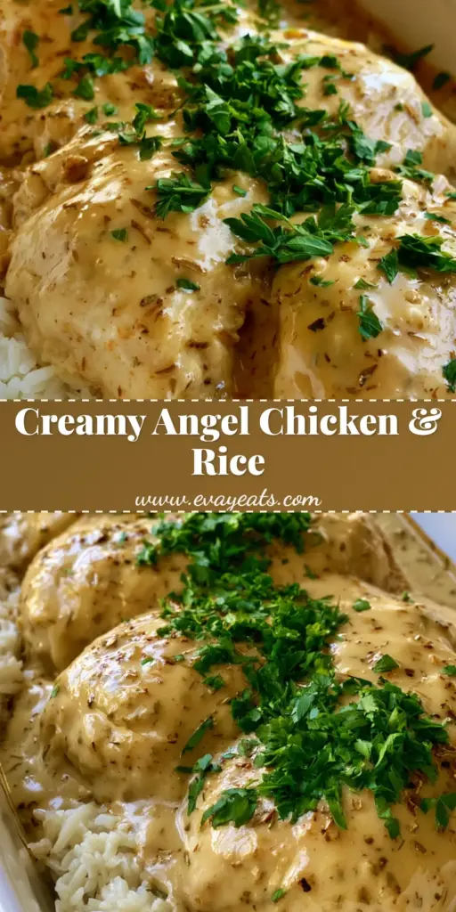A top-down view of Angel Chicken and Rice Casserole in a white ceramic dish, featuring whole chicken breasts draped in a golden-beige velvety sauce and topped with fresh parsley.