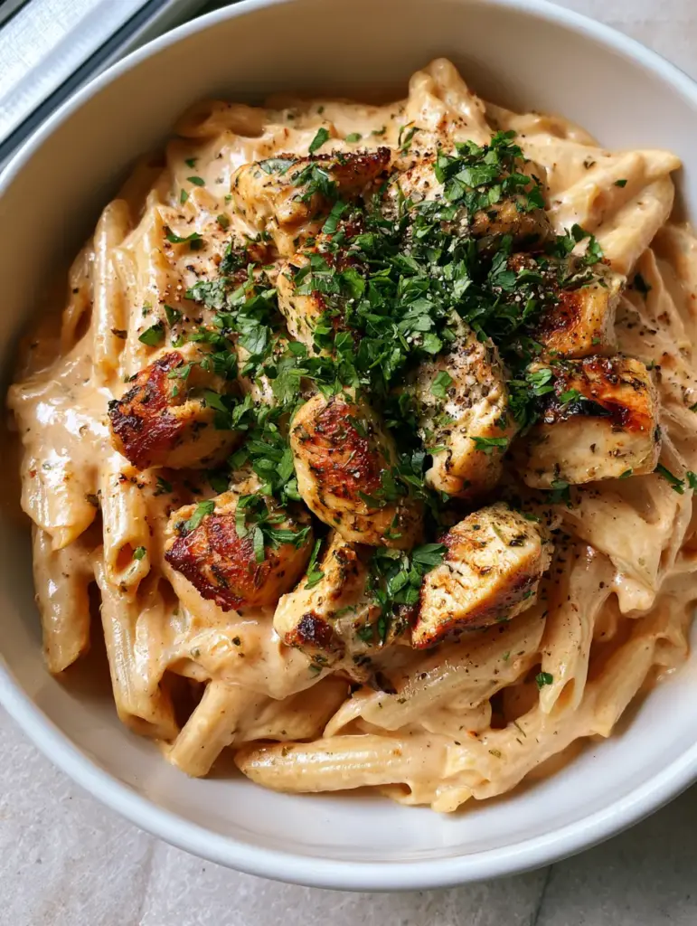 Detail shot of the glossy pale orange cream sauce coating al dente penne pasta and seared chicken chunks.