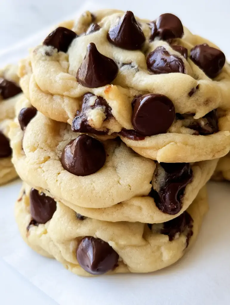 A stack of thick Cream Cheese Chocolate Chip Cookies on a clean white surface with natural side lighting.