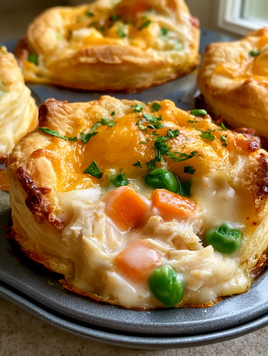 A close-up of a Mini Chicken Pot Pie bite showing the creamy chicken and vegetable filling and flaky biscuit edges.