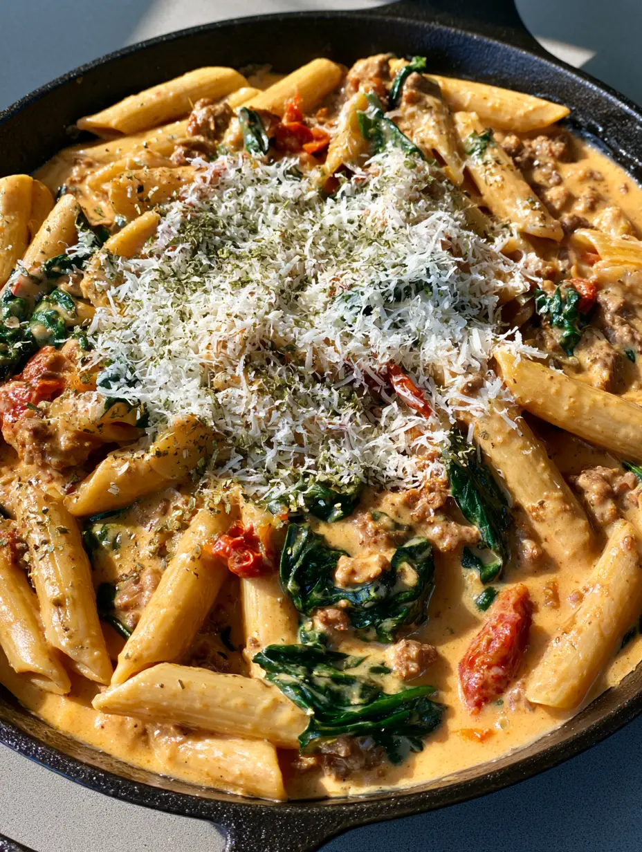 A smartphone photo of Tuscan Ground Beef Pasta in a black skillet with browned beef, spinach, and orange cream sauce on a gray countertop.