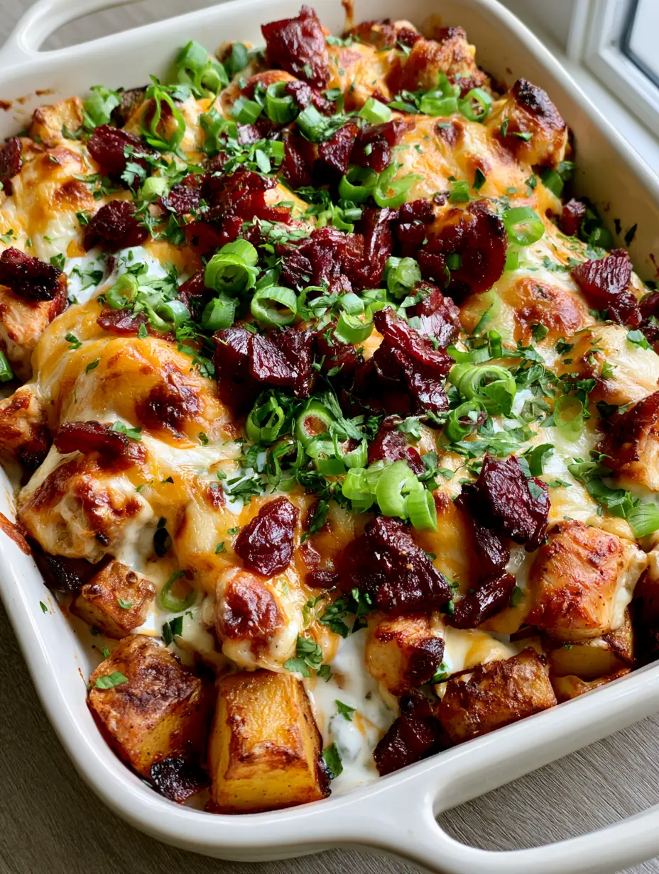 Close up of seared chicken and roasted potatoes in a Chicken Bacon Ranch Casserole.