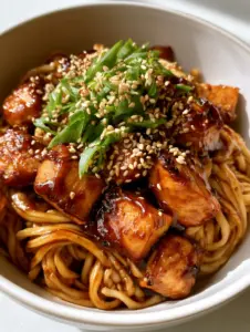 A white ceramic bowl filled with tender medium-width stir-fry noodles coated in a thick, dark mahogany garlic sauce and topped with seared chicken. (Sticky Garlic Chicken Noodles)