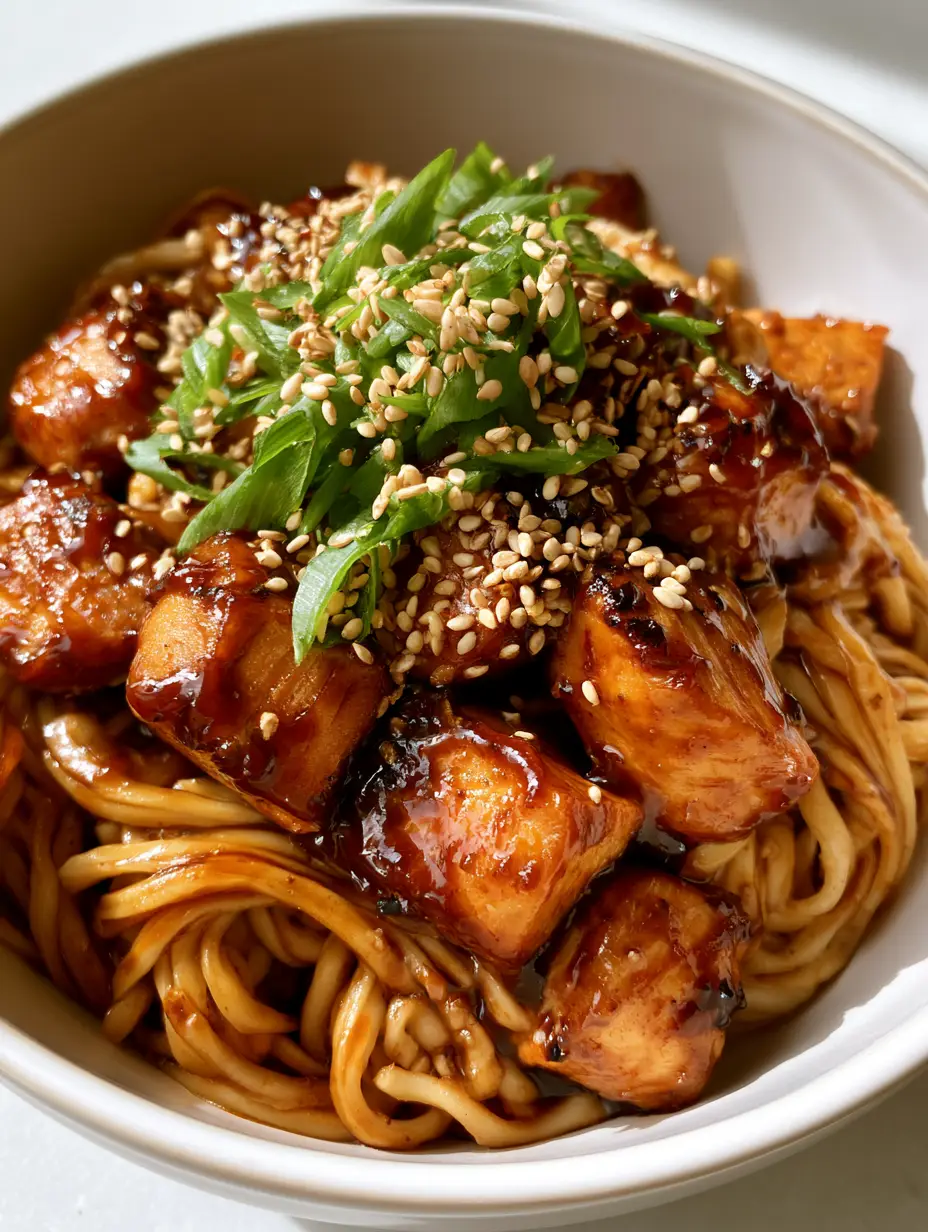 A white ceramic bowl filled with tender medium-width stir-fry noodles coated in a thick, dark mahogany garlic sauce and topped with seared chicken. (Sticky Garlic Chicken Noodles)