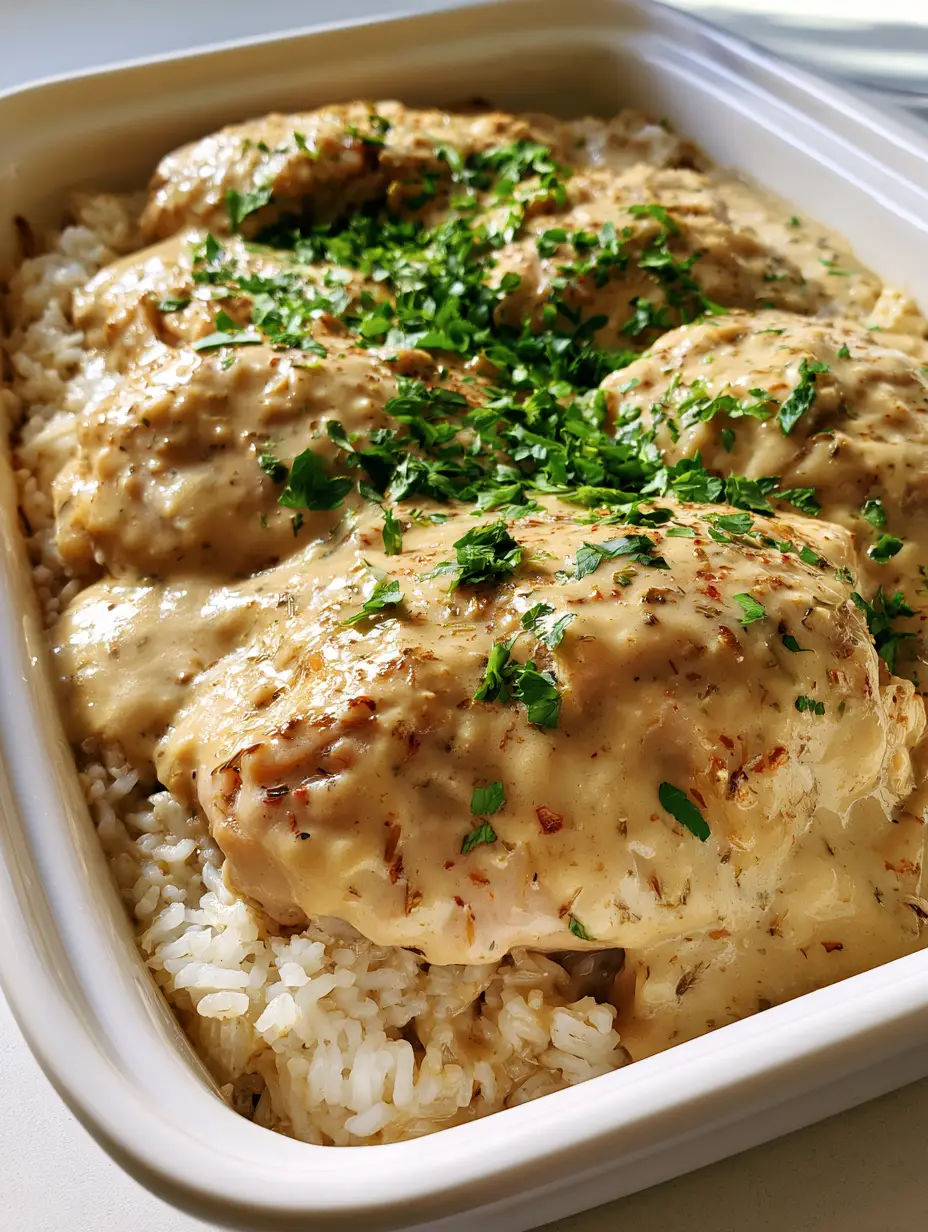 Handheld photo of Angel Chicken and Rice Casserole showing the thick glossy sauce and fluffy white rice bed.