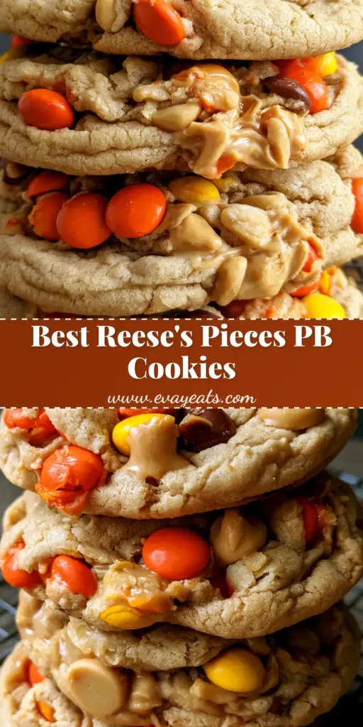 A tall stack of Reese's Pieces Peanut Butter Cookies showing the golden brown cracked surface and melted peanut butter chips.