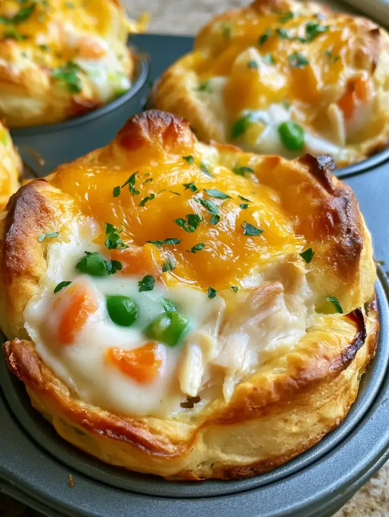Top view of Mini Chicken Pot Pies with bubbly melted cheddar cheese and fresh parsley garnish.
