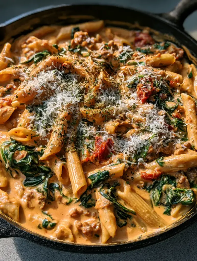 Top down view of Tuscan Ground Beef Pasta showing the al dente penne and generous parmesan cheese garnish.
