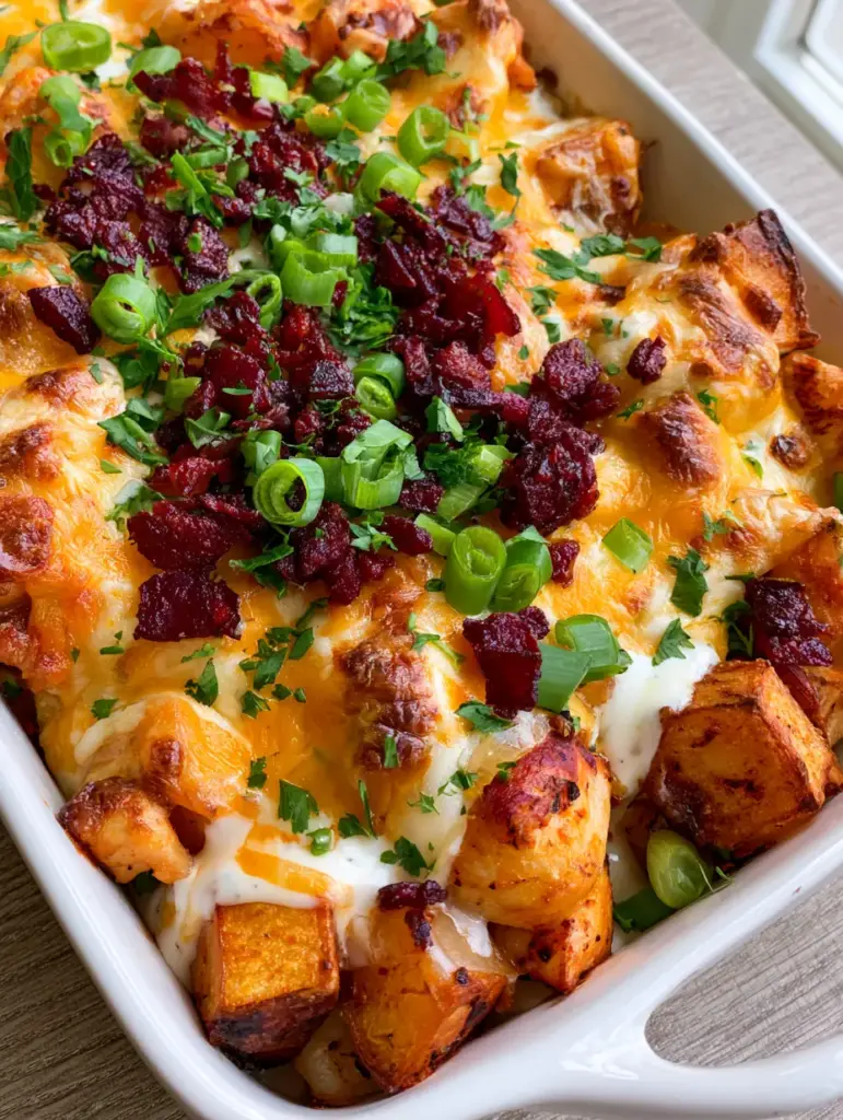 Top down view of the finished Chicken Bacon Ranch Casserole with toasted cheese spots.