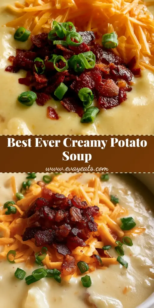 Creamy Potato Soup: The Ultimate Loaded Comfort Bowl 3 A vertical shot of Creamy Potato Soup in a white bowl topped with sharp cheddar cheese, crispy bacon, and green scallions.