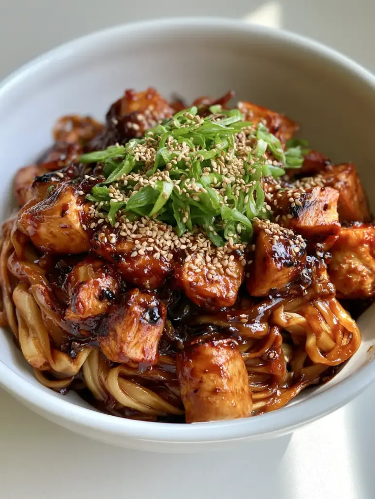 A side angle shot showing the texture of the caramelized chicken breast cubes and the glossy glaze on the Sticky Garlic Chicken Noodles.