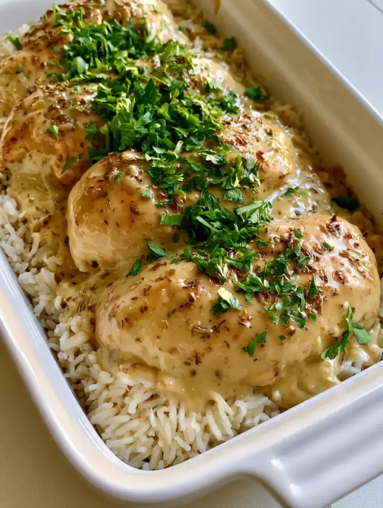 Close up of the herb flecks and fresh parsley on the Angel Chicken and Rice Casserole.