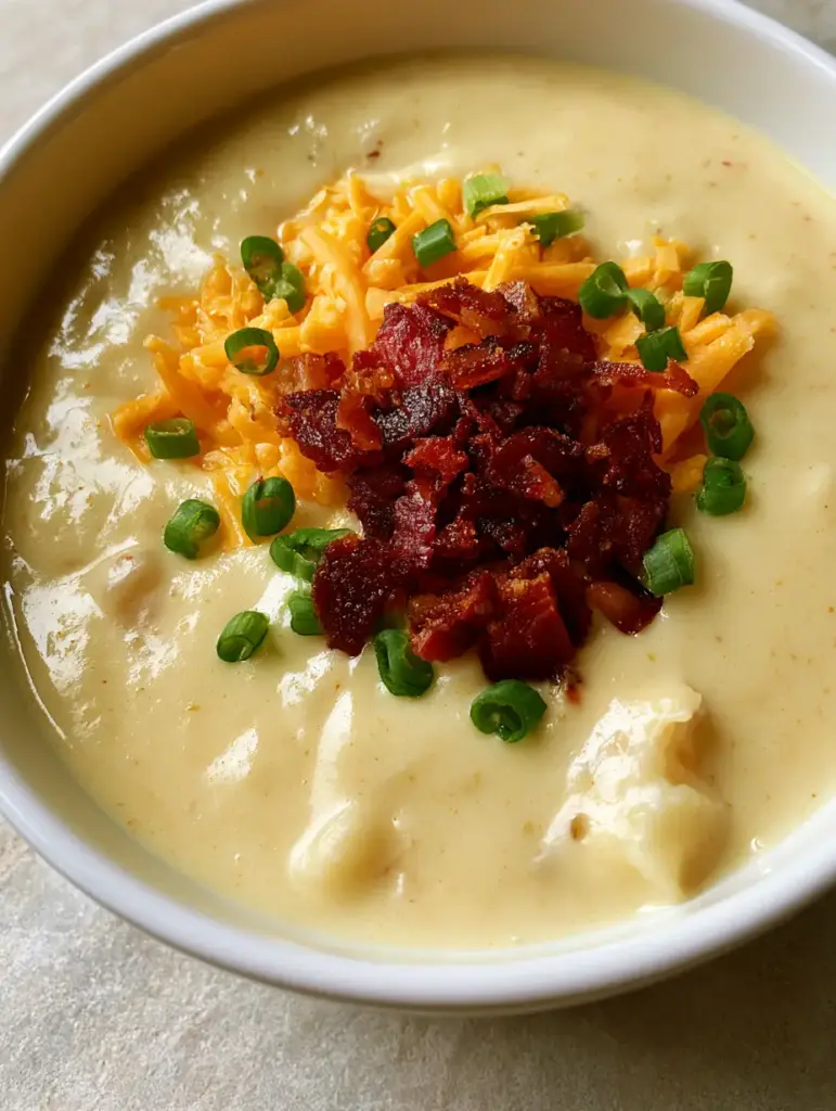Creamy Potato Soup: The Ultimate Loaded Comfort Bowl 2 Close-up of velvety pale-yellow Creamy Potato Soup with a glossy texture and visible potato chunks.