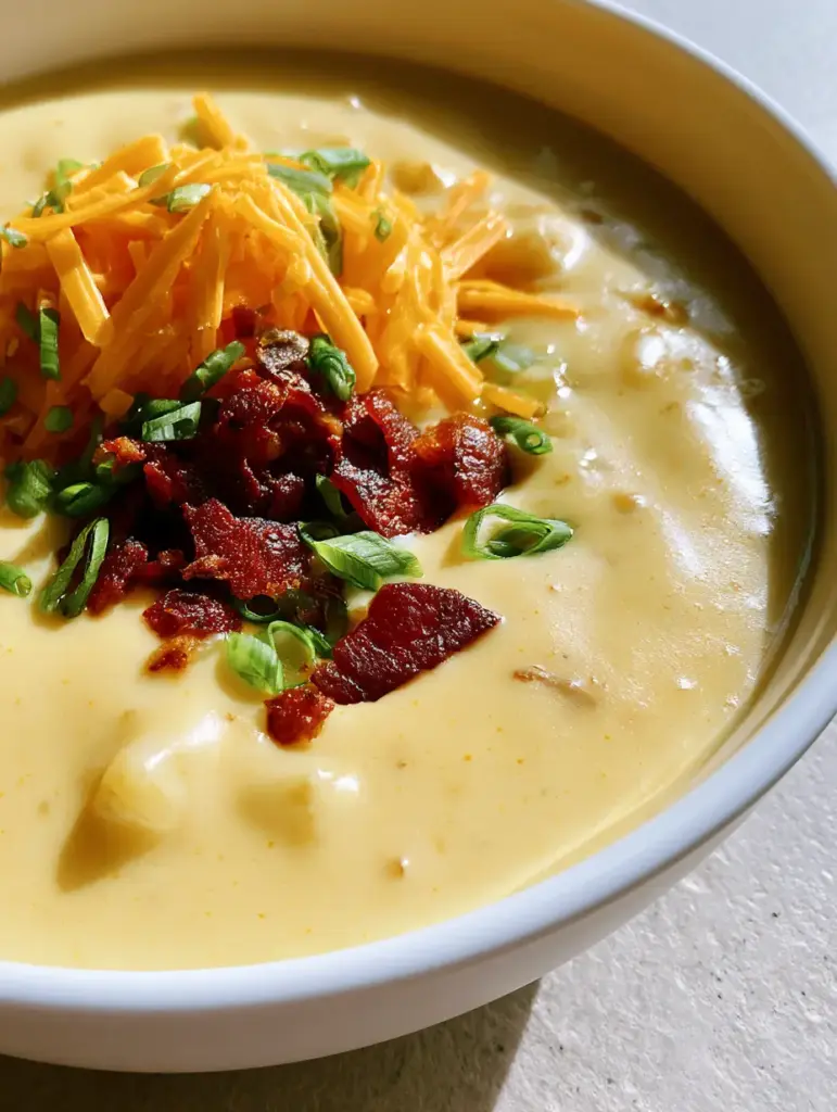 Creamy Potato Soup: The Ultimate Loaded Comfort Bowl 1 Creamy Potato Soup topped with a mound of orange cheddar cheese and crispy dark-red bacon bits.