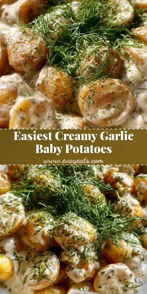 A shallow white bowl filled with halved baby potatoes coated in thick garlic cream sauce and topped with fresh dill. (Creamy Garlic Baby Potatoes)